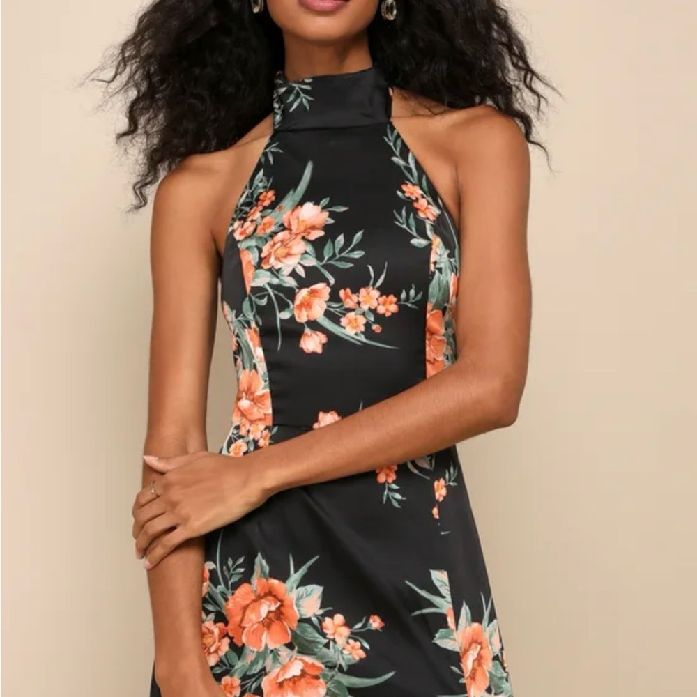 Lulu's Black Strapless Dress with Orange Floral Design